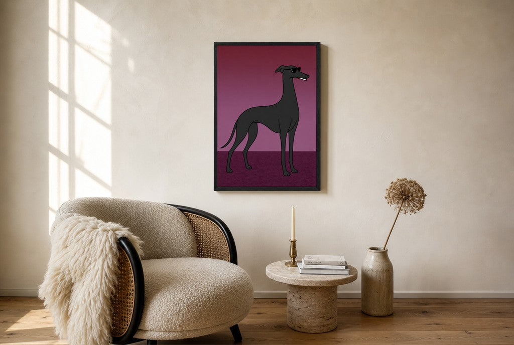 Oversized Greyhound, Smoking leaning at the baseboard of a sunlit living room.
