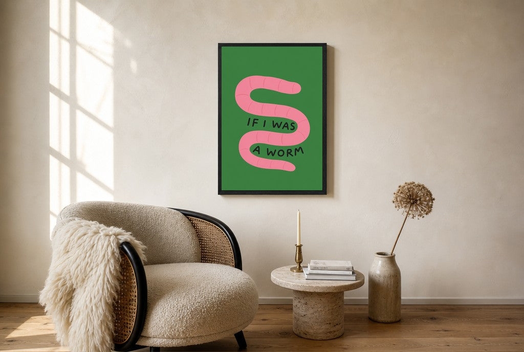 Oversized If I Was a Worm leaning at the baseboard of a sunlit living room.