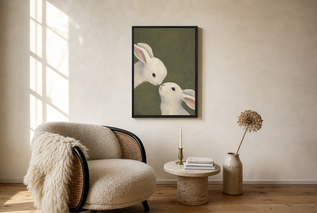 Oversized Two Rabbits, Olive leaning at the baseboard of a sunlit living room.
