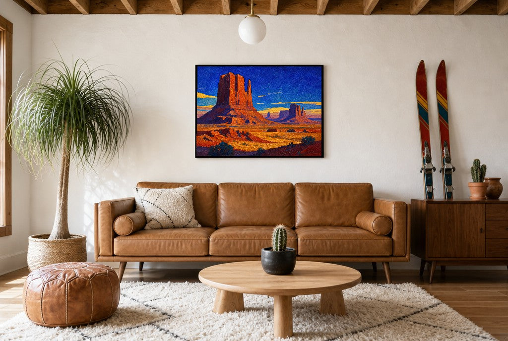 Buttes at First Light, above mid-century console