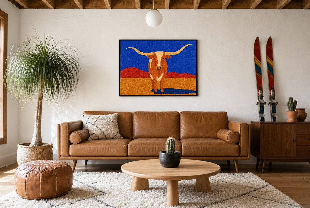 Longhorn, Unbothered, above mid-century console