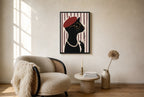 Oversized Cat, Red Beret leaning at the baseboard of a sunlit living room.