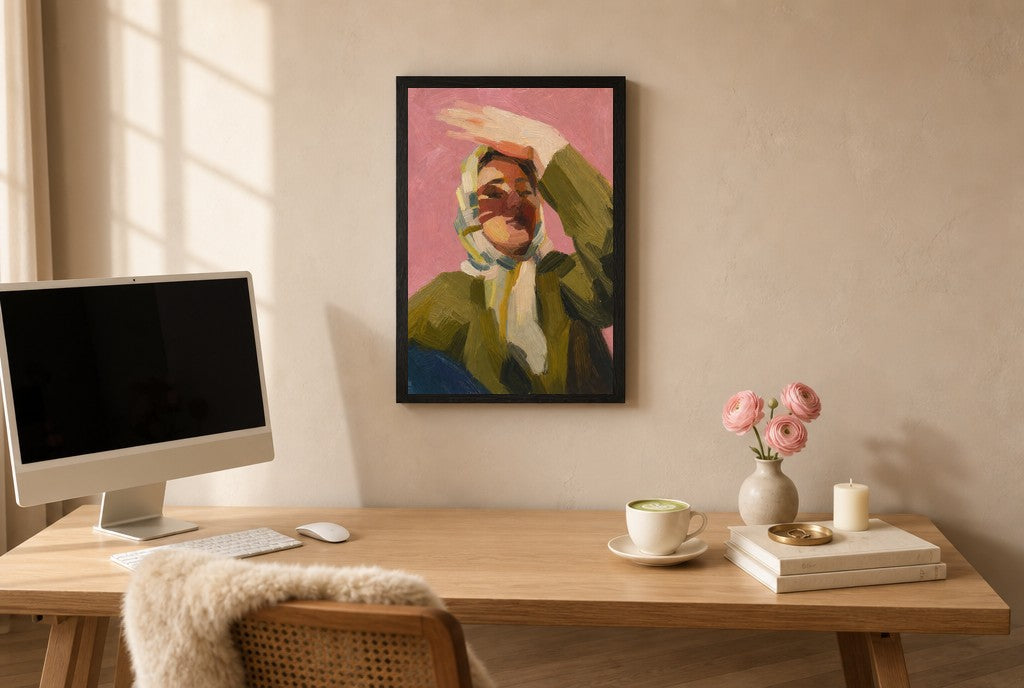 Olive Jacket, Pink, above mid-century console