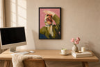 Olive Jacket, Pink, above mid-century console