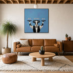 Framed Showing Off hung above a mid-century walnut console with ceramics.