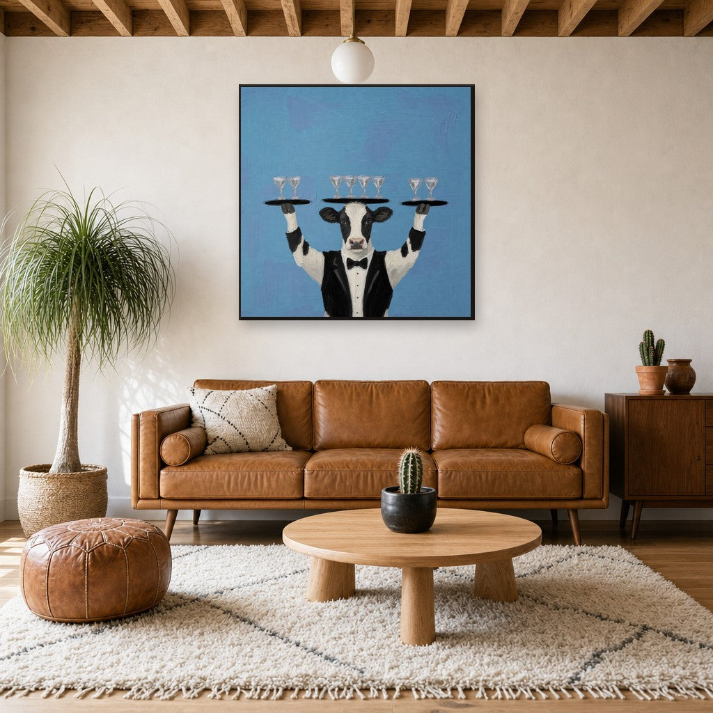 Framed Showing Off hung above a mid-century walnut console with ceramics.