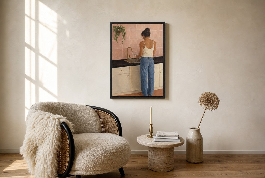 Oversized Sink, Pink Tile leaning at the baseboard of a sunlit living room.