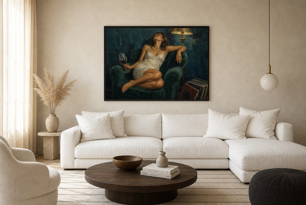 Oversized Wine Chair, Lamp leaning at the baseboard of a sunlit living room.