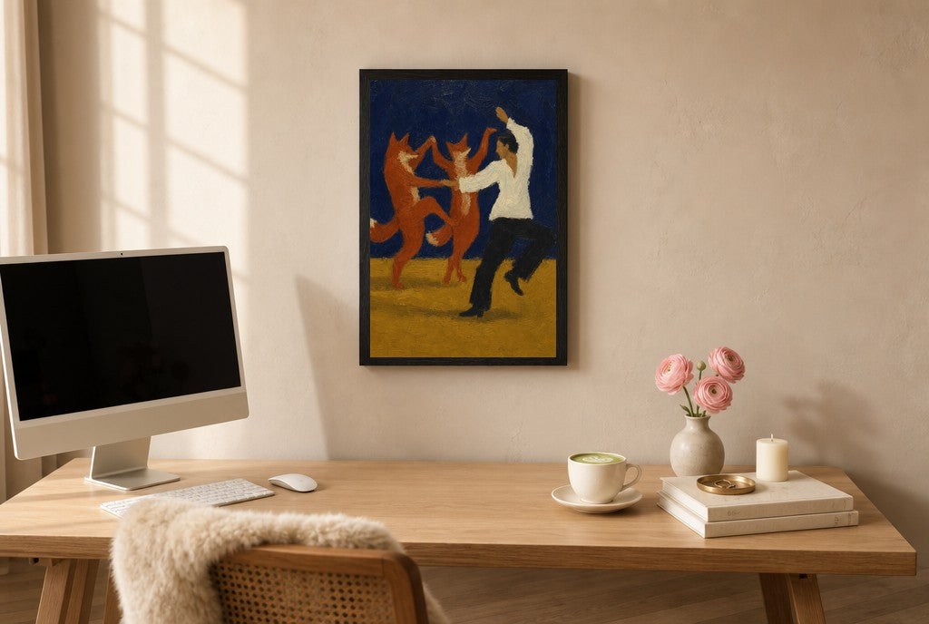 White Shirt, Red Foxes, above mid-century console