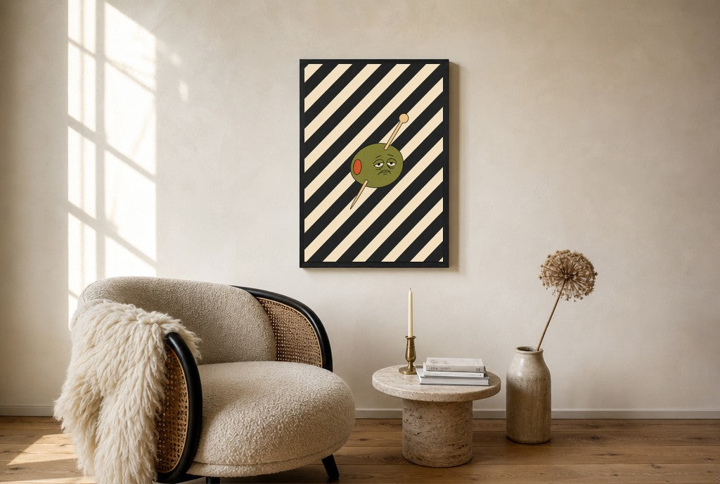 Oversized Olive on Stripes leaning at the baseboard of a sunlit living room.