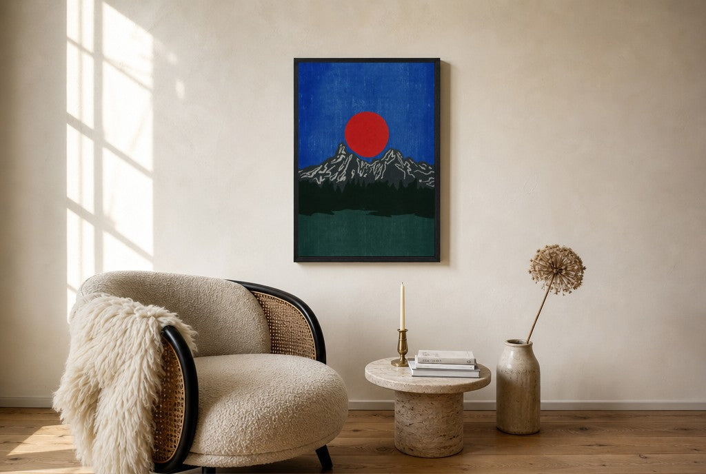 Oversized Red Sun, Charcoal Range leaning at the baseboard of a sunlit living room.