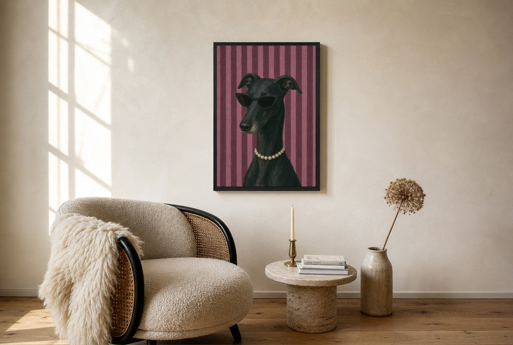 Oversized Greyhound, Pearls leaning at the baseboard of a sunlit living room.