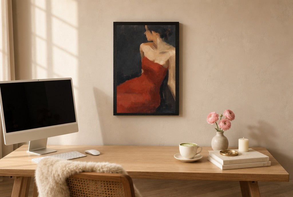 Red Dress, Charcoal, above mid-century console