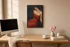 Red Dress, Charcoal, above mid-century console