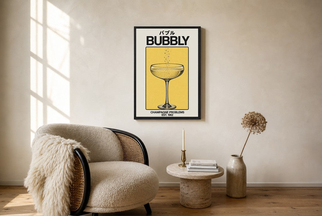 Oversized Champagne Problems leaning at the baseboard of a sunlit living room.