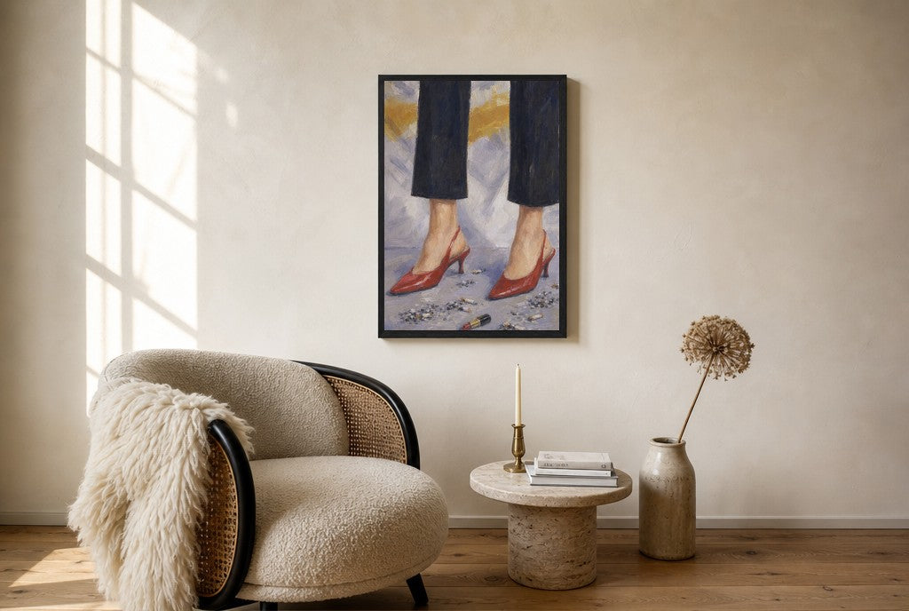 Oversized Red Heels, Ash leaning at the baseboard of a sunlit living room.