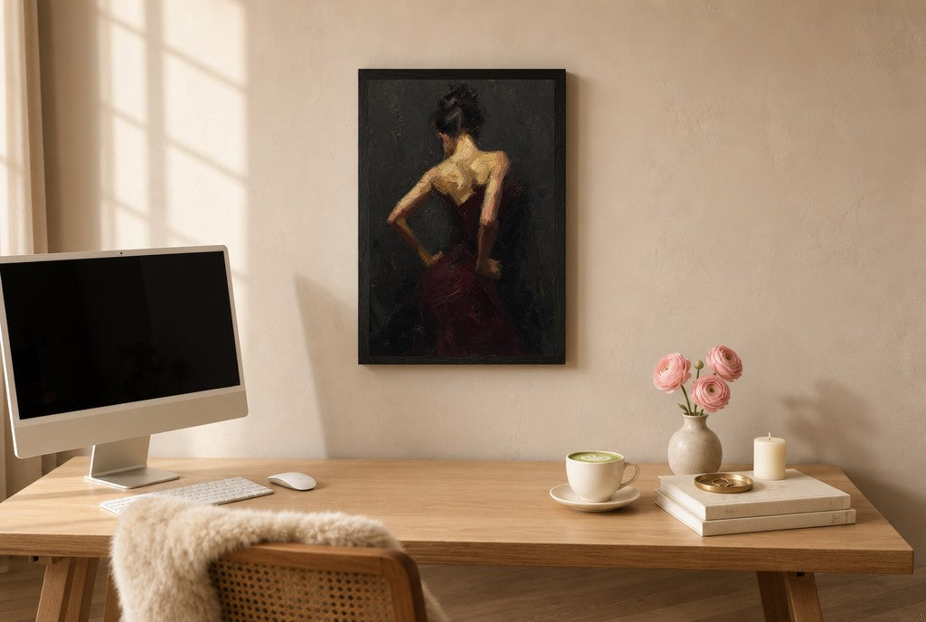 Oxblood Dress, Charcoal, above mid-century console