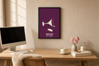 Framed Nightcap hung above a mid-century walnut console with ceramics.