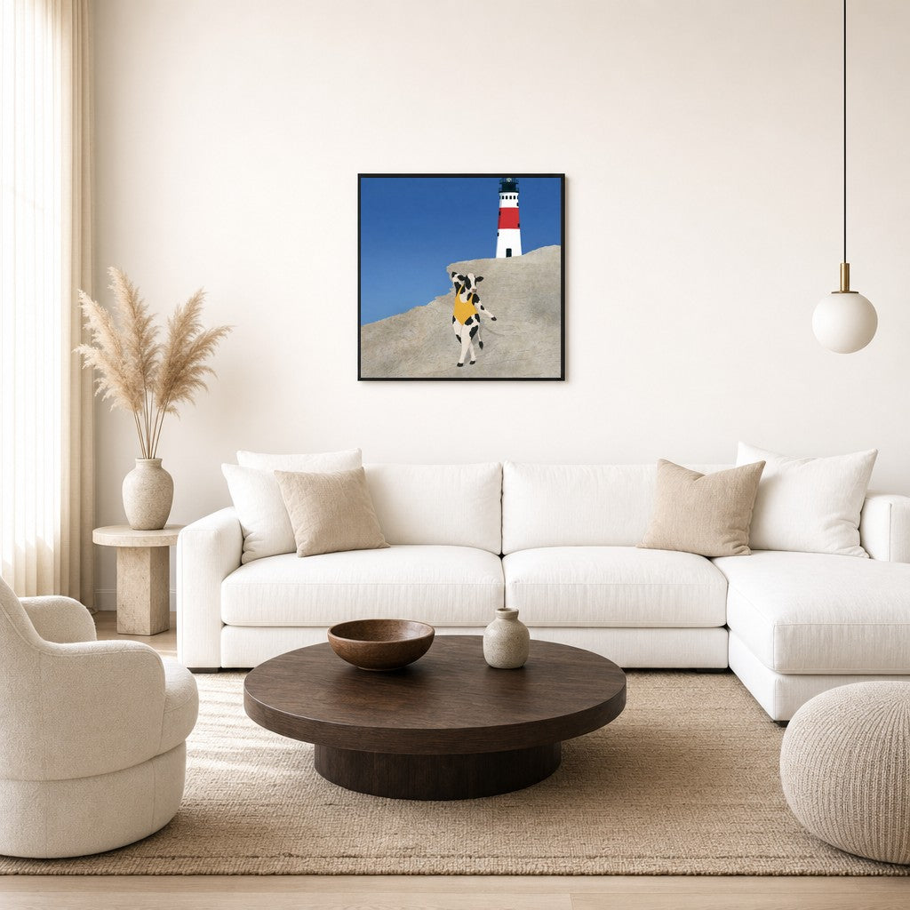 Oversized Yellow at the Lighthouse leaning at the baseboard of a sunlit living room.