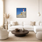 Oversized Yellow at the Lighthouse leaning at the baseboard of a sunlit living room.
