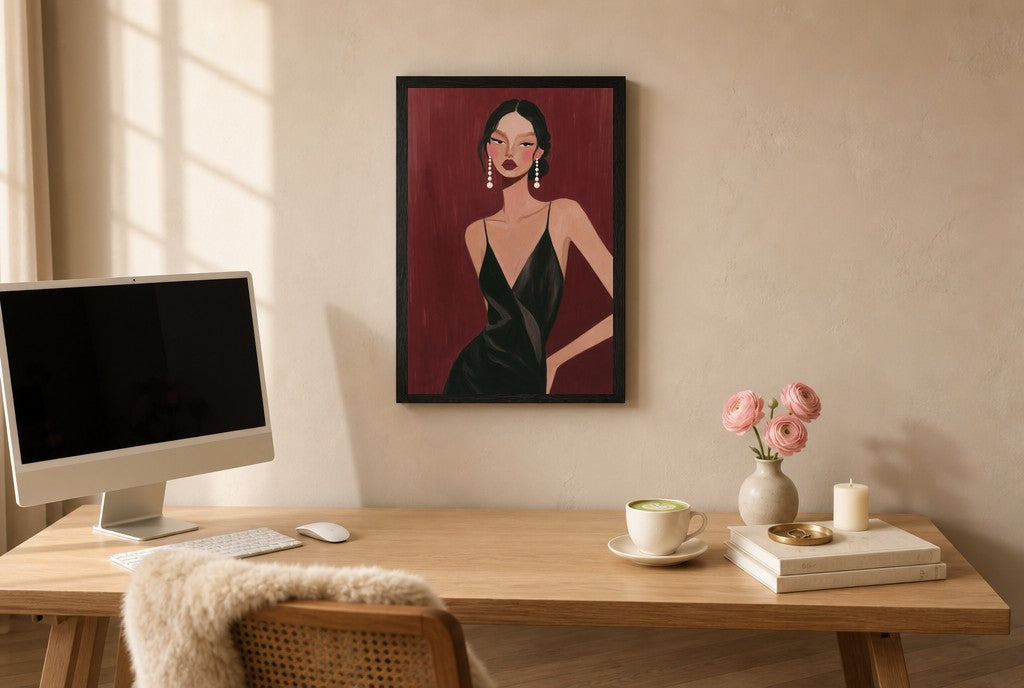 Framed Slip Dress, Oxblood hung above a mid-century walnut console with ceramics.