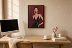 Framed Slip Dress, Oxblood hung above a mid-century walnut console with ceramics.