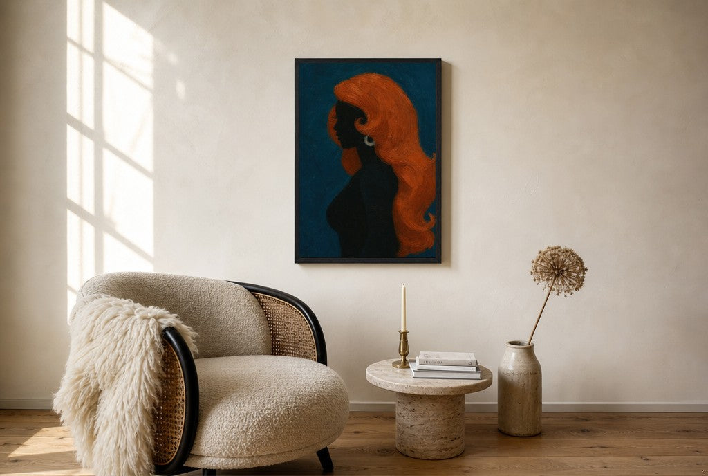 Copper Hair, Teal, floor-leaning in living room
