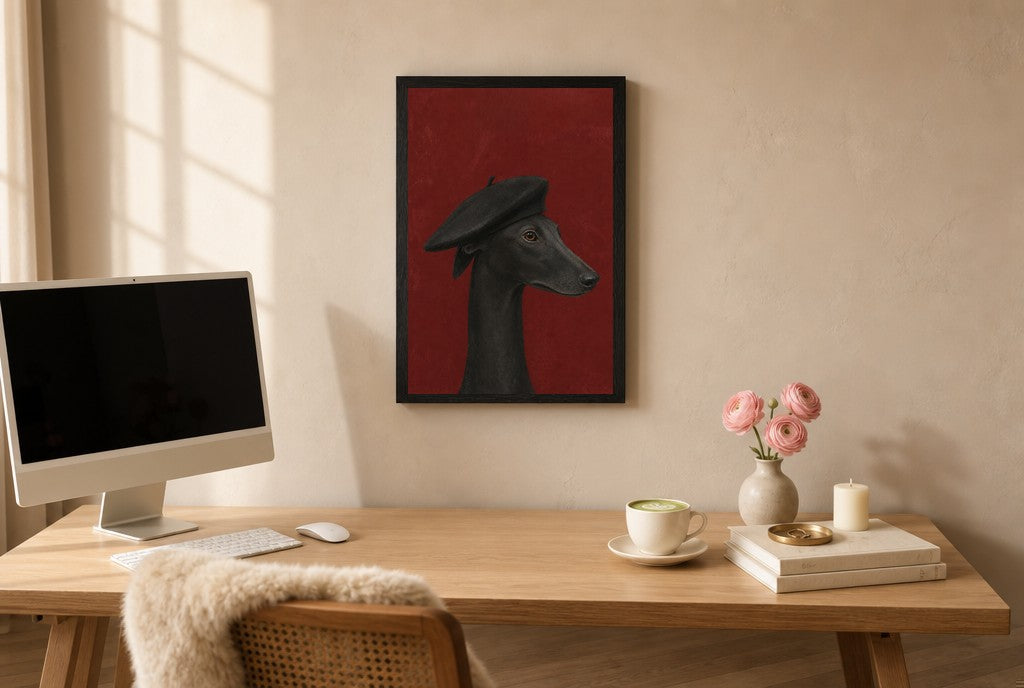 Framed Greyhound, Black Beret hung above a mid-century walnut console with ceramics.