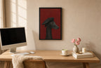 Framed Greyhound, Black Beret hung above a mid-century walnut console with ceramics.