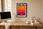 Framed Aperol Spritz hung above a mid-century walnut console with ceramics.