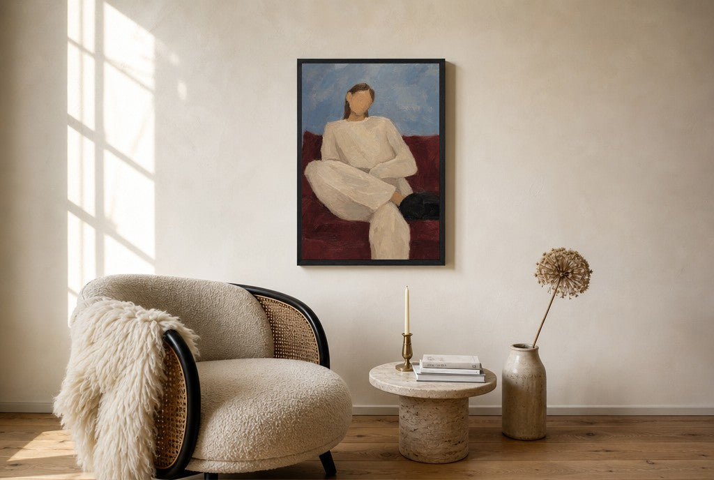 Oatmeal Knit, Oxblood Couch, floor-leaning in living room