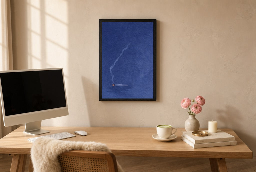 Framed Cigarette, Midnight hung above a mid-century walnut console with ceramics.
