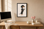 Framed Dachshund, Martini hung above a mid-century walnut console with ceramics.