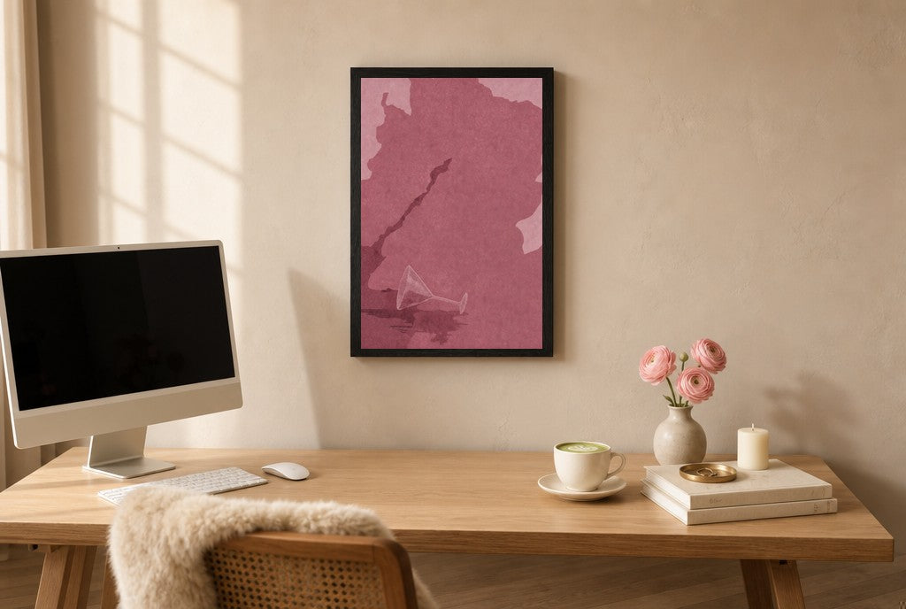 Framed Spilled Martini, Oxblood hung above a mid-century walnut console with ceramics.