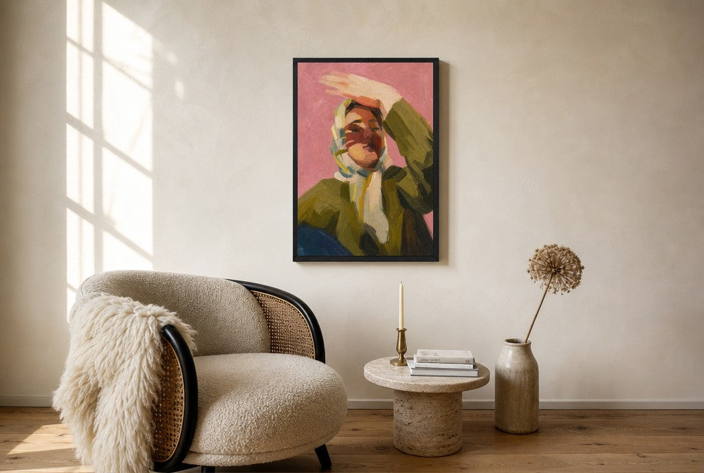 Olive Jacket, Pink, floor-leaning in living room
