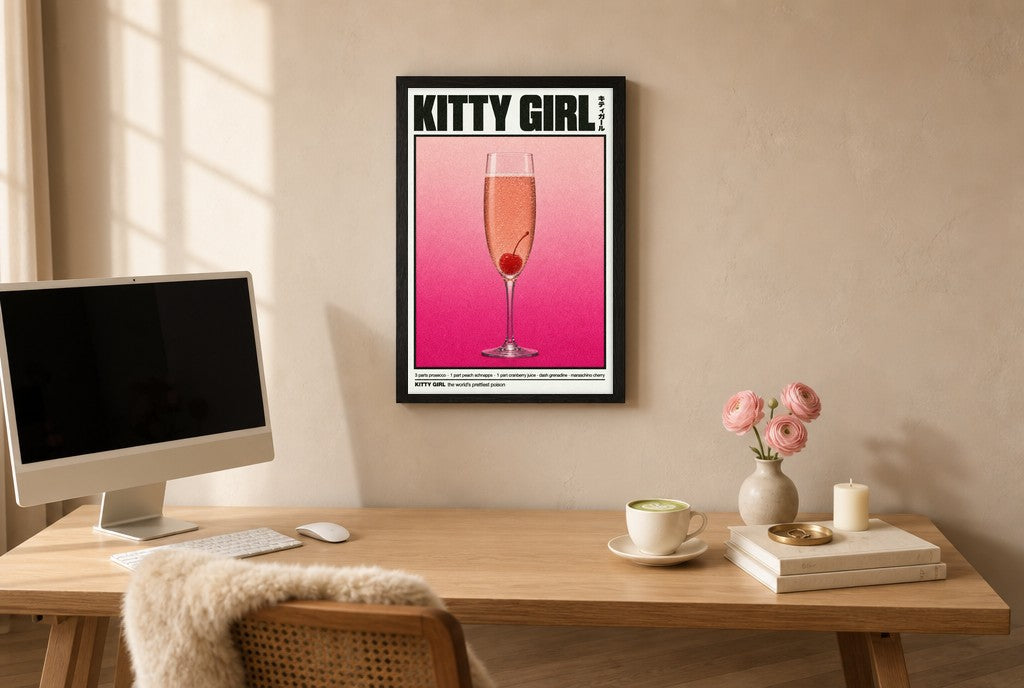 Framed Kitty Girl hung above a mid-century walnut console with ceramics.