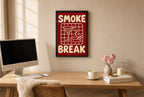 Framed Smoke Break hung above a mid-century walnut console with ceramics.