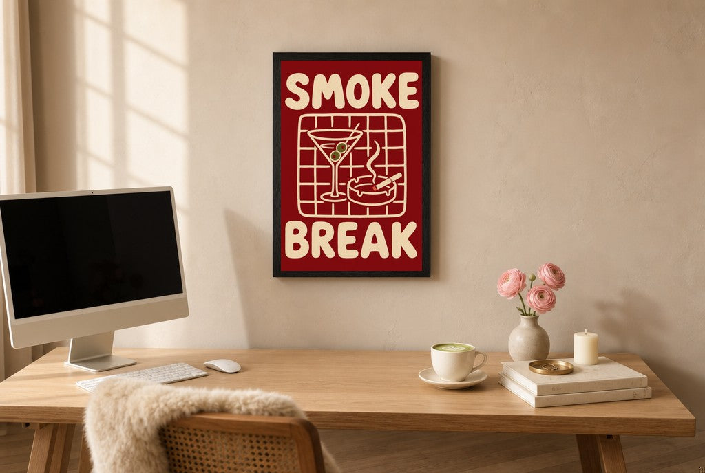 Framed Smoke Break hung above a mid-century walnut console with ceramics.