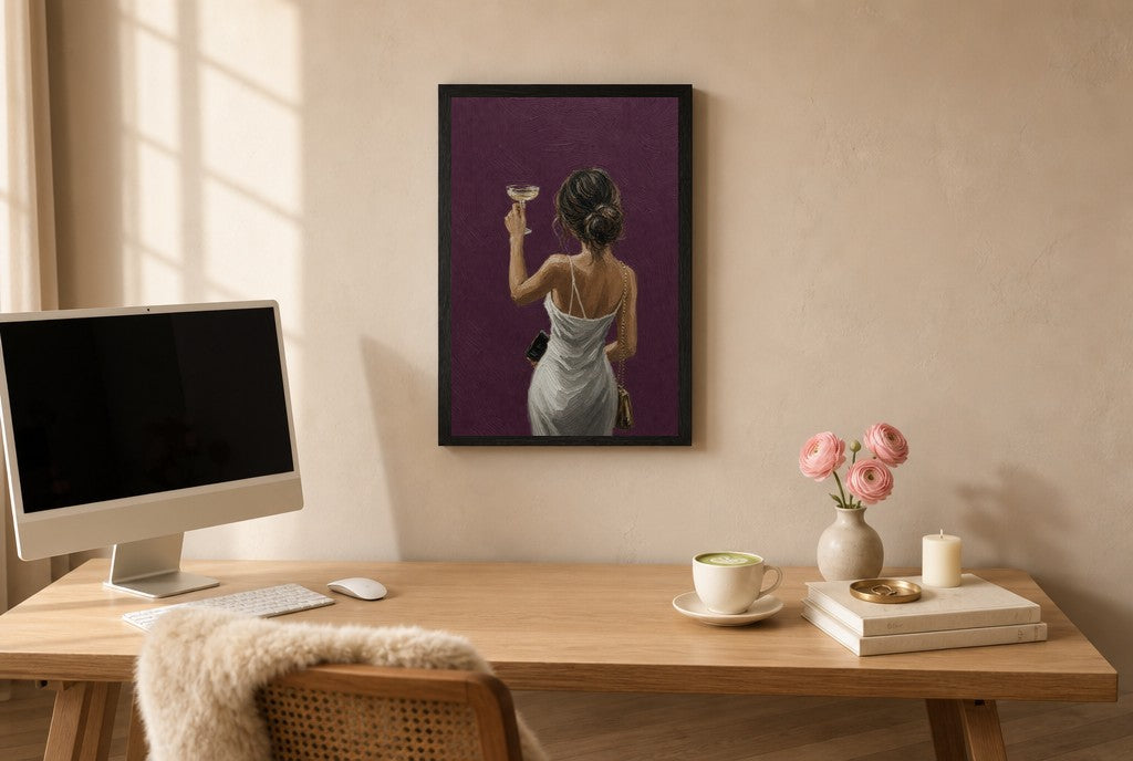Framed Coupe Toast, Plum hung above a mid-century walnut console with ceramics.