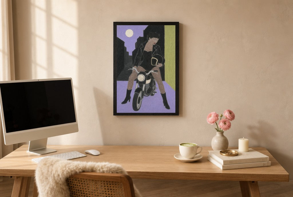 Framed Motorcycle, Moonlit hung above a mid-century walnut console with ceramics.