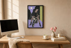 Framed Motorcycle, Moonlit hung above a mid-century walnut console with ceramics.