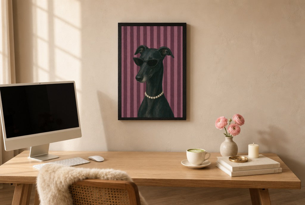 Framed Greyhound, Pearls hung above a mid-century walnut console with ceramics.