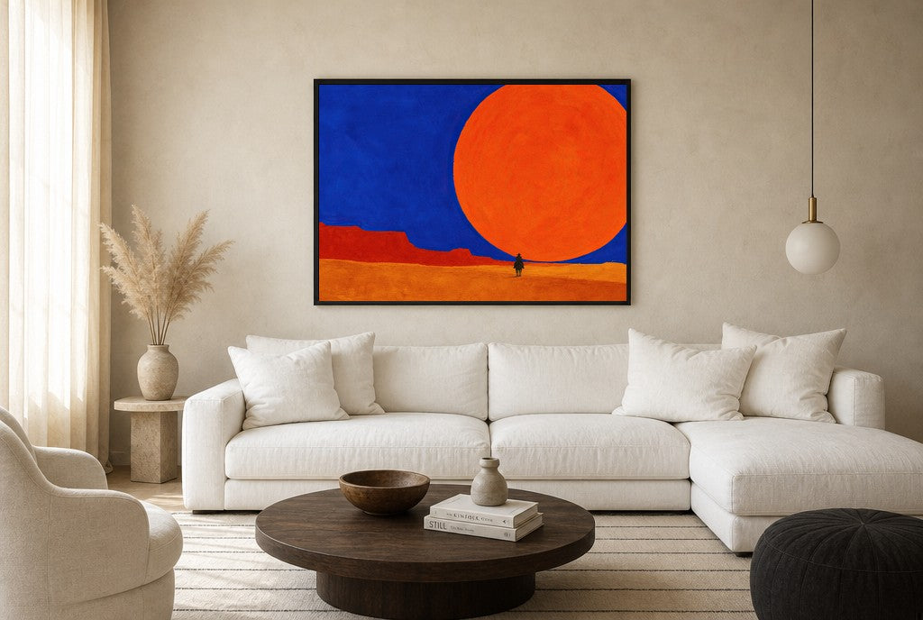 Small Rider, Big Sun, floor-leaning in living room