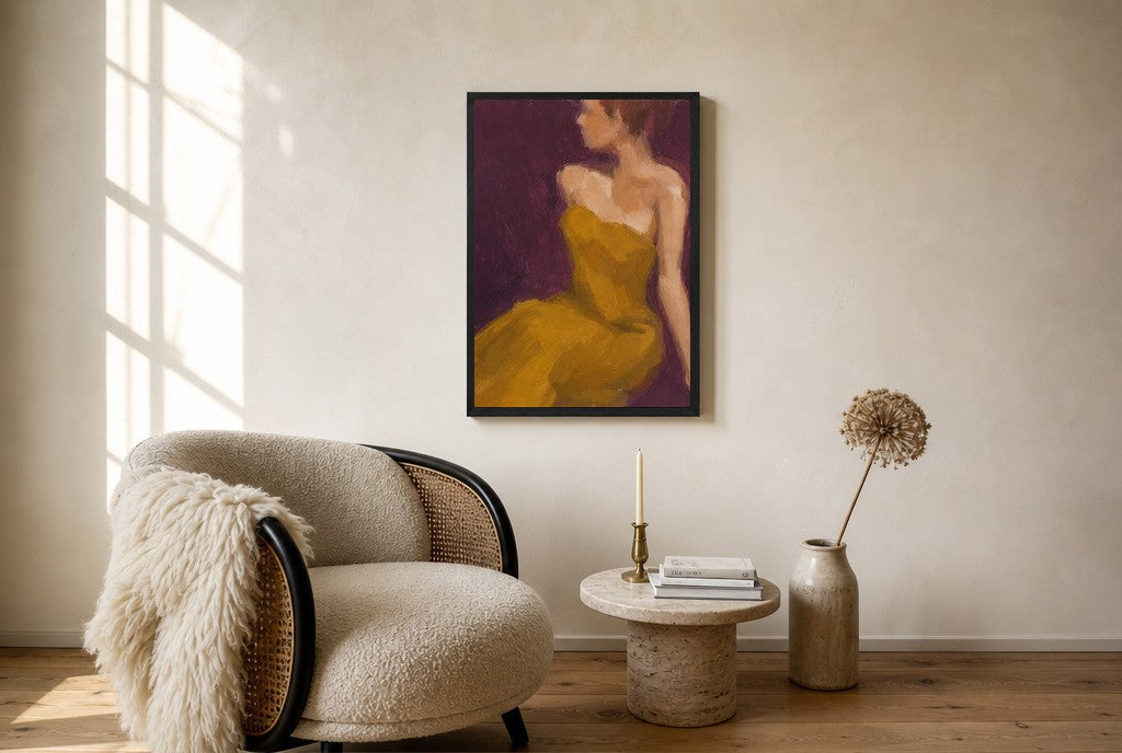 Mustard Dress, Plum, floor-leaning in living room
