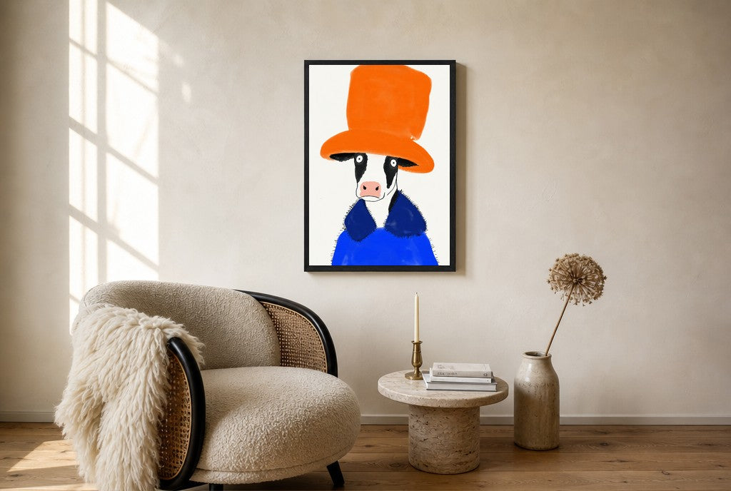 Oversized Big Hat Energy leaning at the baseboard of a sunlit living room.