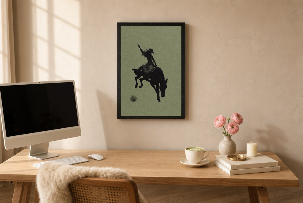 Framed Bronc Rider, Sage hung above a mid-century walnut console with ceramics.