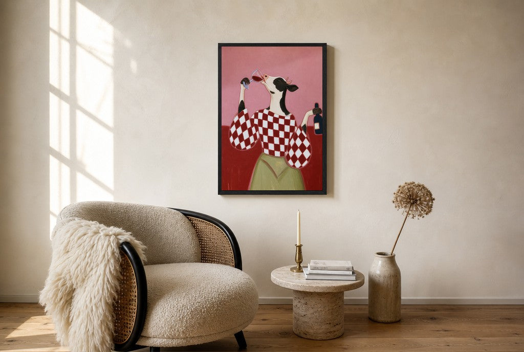 Oversized House Red, Straight from the Bottle leaning at the baseboard of a sunlit living room.