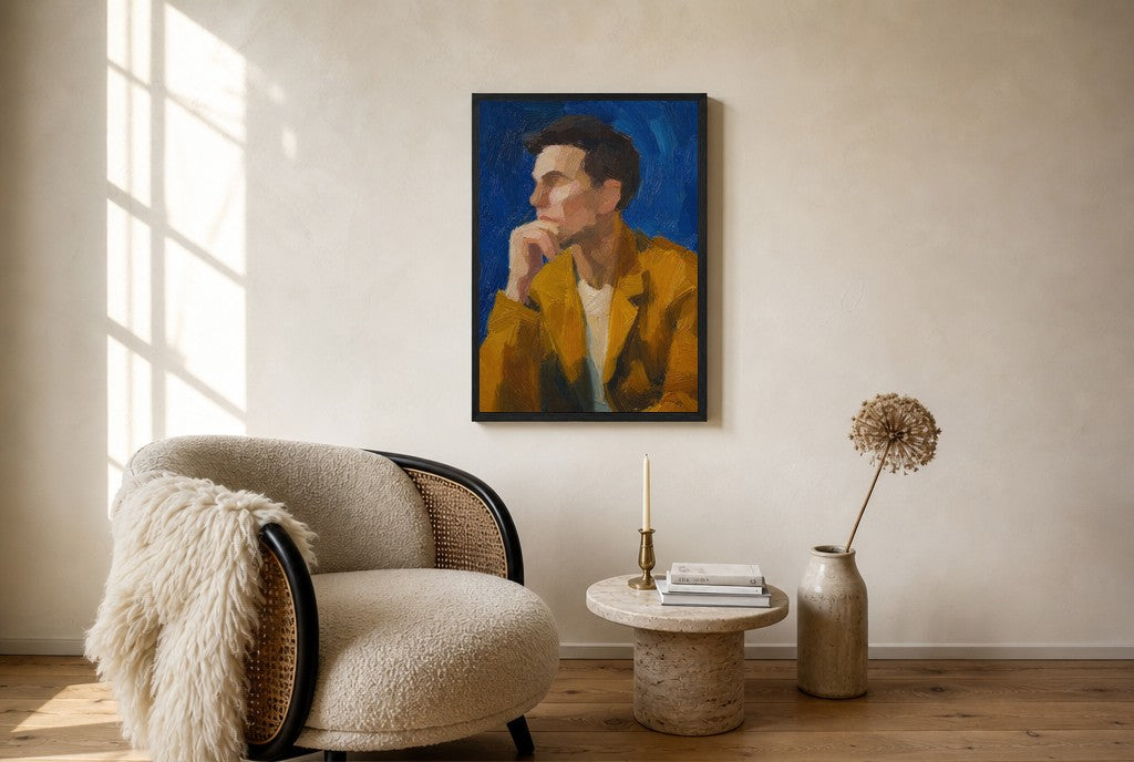 Mustard Jacket, Blue, floor-leaning in living room