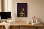 Framed Tortoiseshell, Pearls hung above a mid-century walnut console with ceramics.