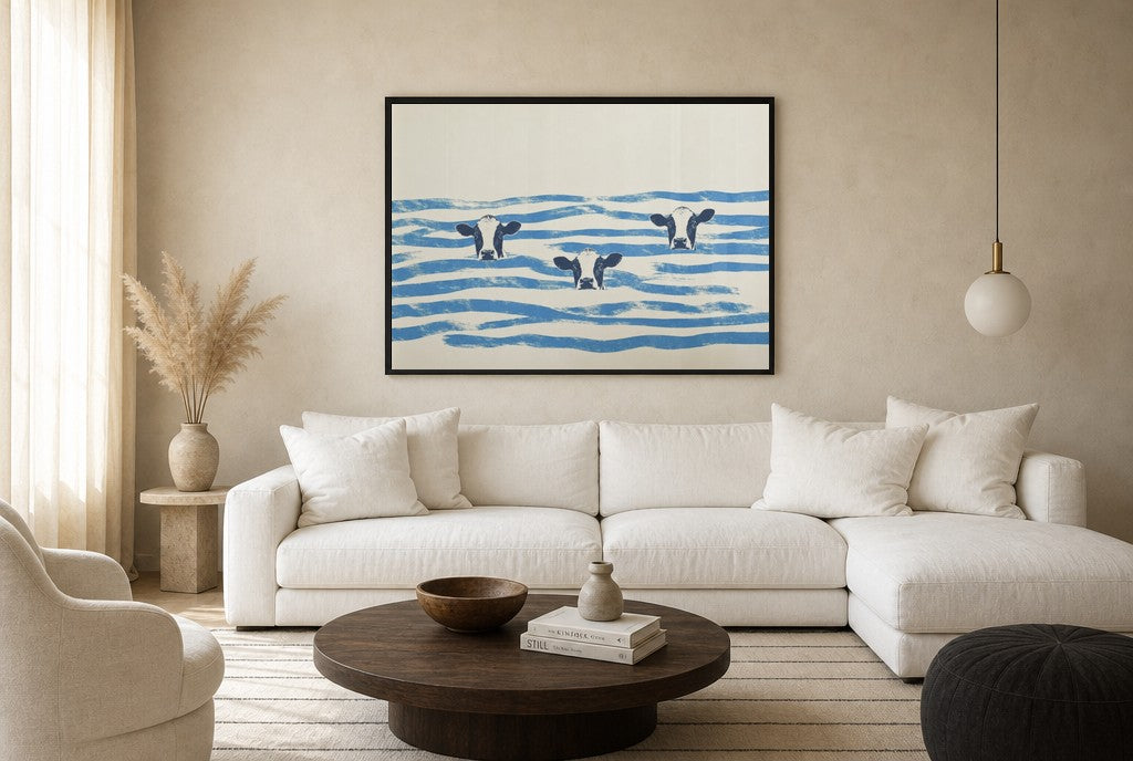 Oversized Three in the Waves leaning at the baseboard of a sunlit living room.